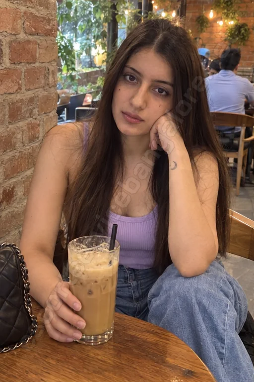 Aahana with a cold coffee at a brick-wall cafe in Indiranagar