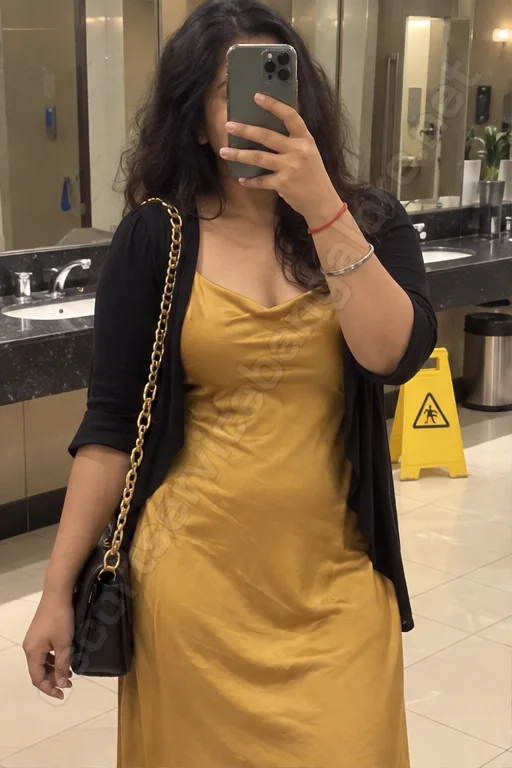 Amrita in a mustard dress - mirror selfie at a mall in Malleshwaram
