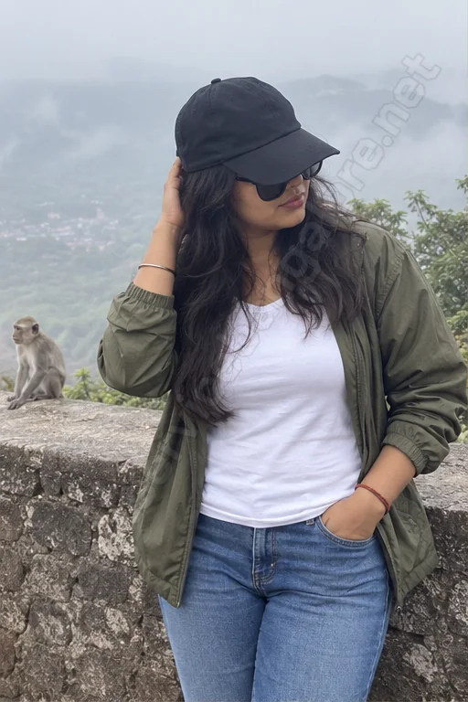 Amrita in a cap and green jacket at Nandi Hills
