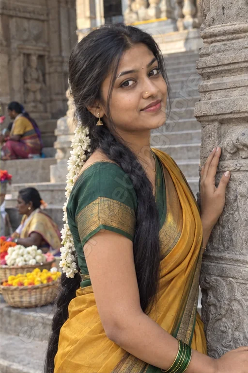 Avni in a green and yellow saree at the Bull Temple steps - Basavanagudi