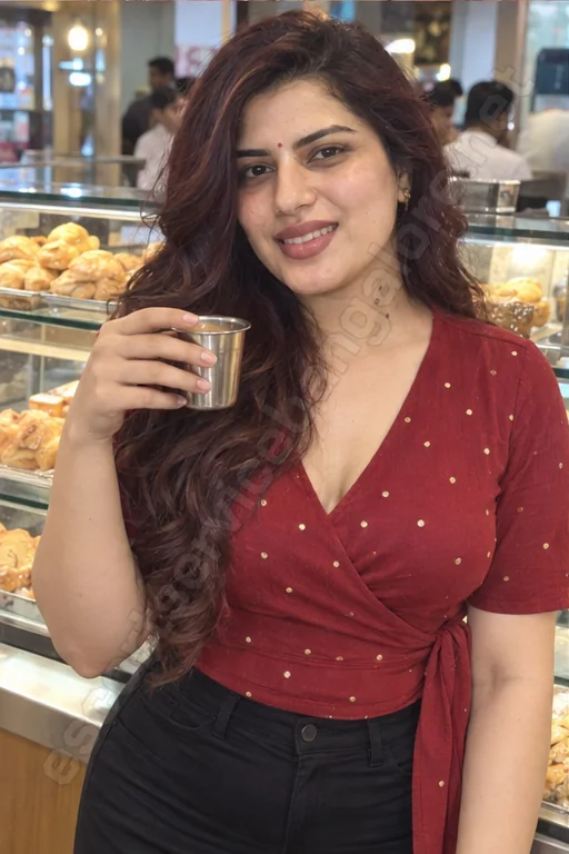 Daksha with a steel tea glass at a Frazer Town bakery
