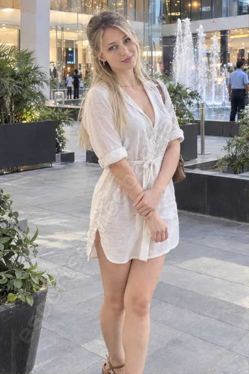 Kyra in a white shirt dress at a mall courtyard in central Bangalore