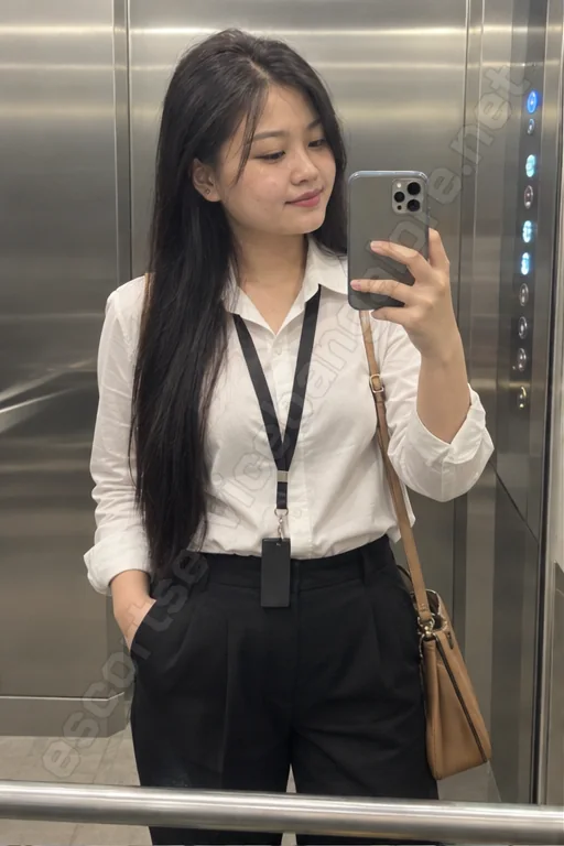 Leena in office clothes - lift mirror selfie at a tech park