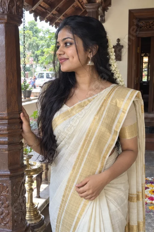 Megha in a white and gold Kerala saree on an old house veranda in Malleshwaram