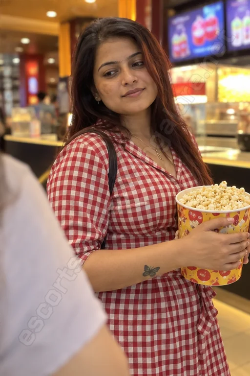Raveena with popcorn at a cinema lobby in Koramangala