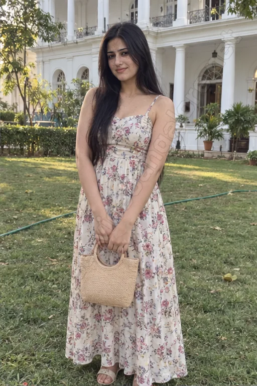 Shreya in a floral dress on the lawn of the art gallery on Palace Road