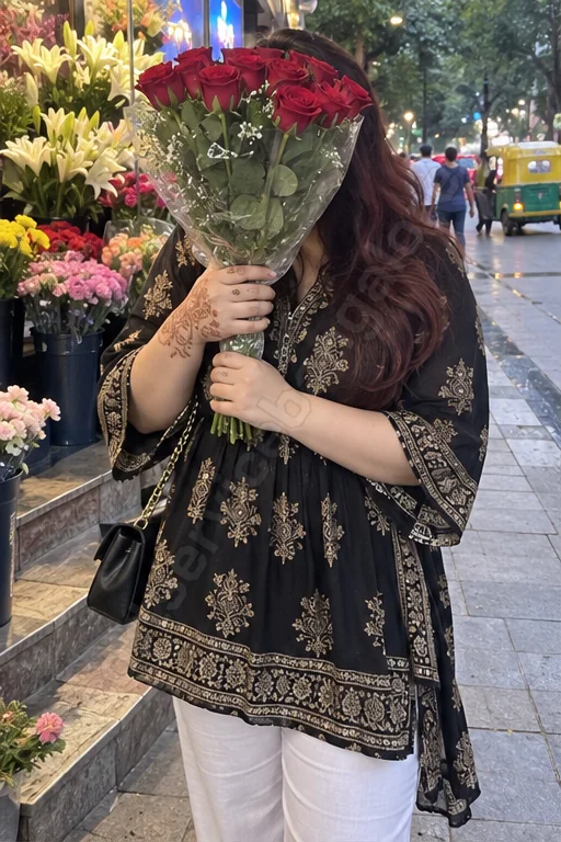 Tamanna holding red roses outside a flower shop near Brigade Road